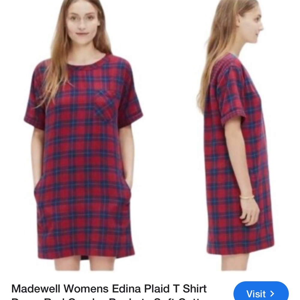 Madewell Red and Blue Plaid T-Shirt Dress